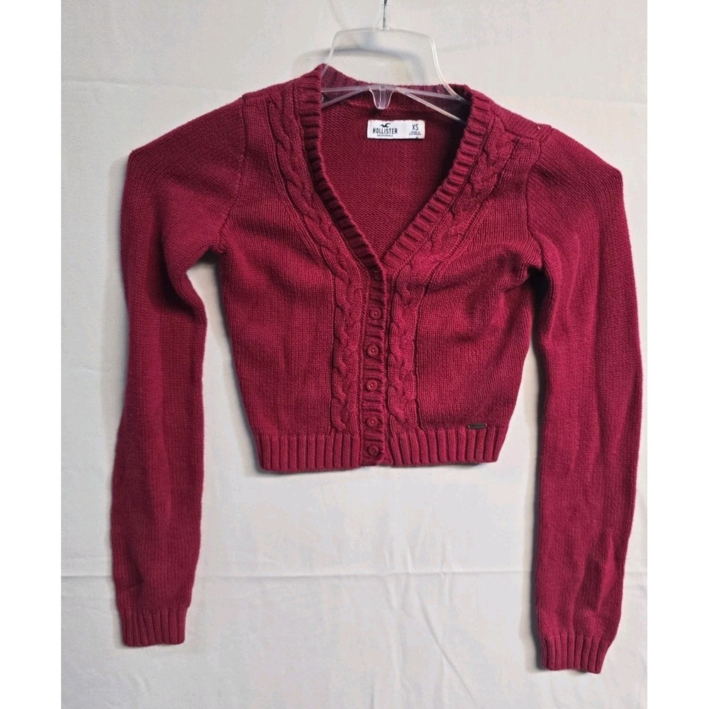 Hollister Cable Knit Cropped Cardigan Womens XS Red V-Neck Y2K Preppy Bella